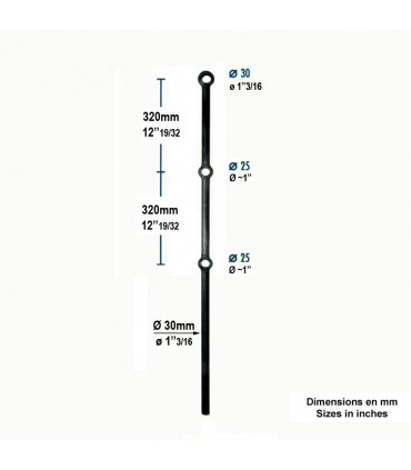 Poteau hauteur 1200mm Ø30mm acier à trous renflés Ø26mm et Ø32mm