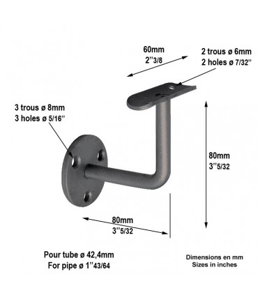 Support mural de main courante d'escalier 80x80mm  diametre12mm