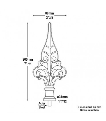 Pointe de lance ajourée en fonte plus insert soudable hauteur 200mm