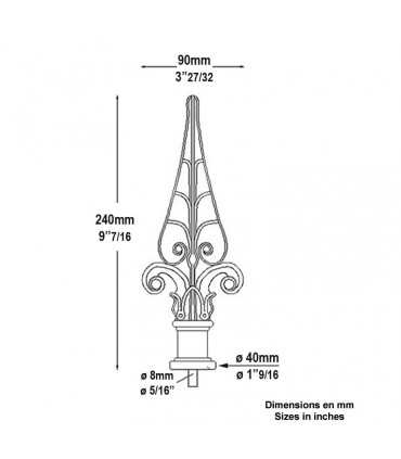 Pointe de lance en fonte pour rond ø 25 à 30mm hauteur 240mm