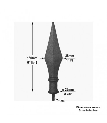 Pointe de lance en fonte hauteur 150mm