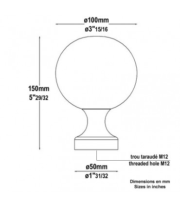 Boule de départ de rampe d'escalier en laiton poli verni hauteur 150mm