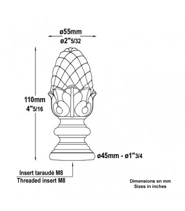 Pommeau de départ d'escalier  ou de poteau de cloture en aluminium hauteur 110mm