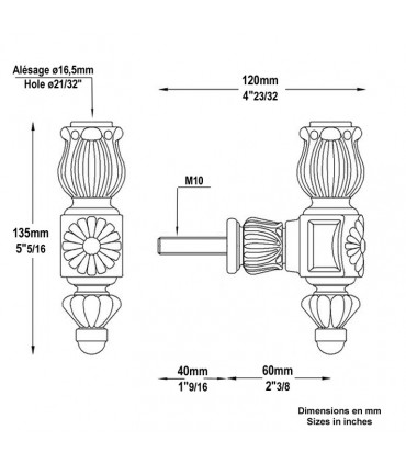 Equerre pour balustre d'escalier déporté à l'anglaise en fonte nervurée hauteur 135mm