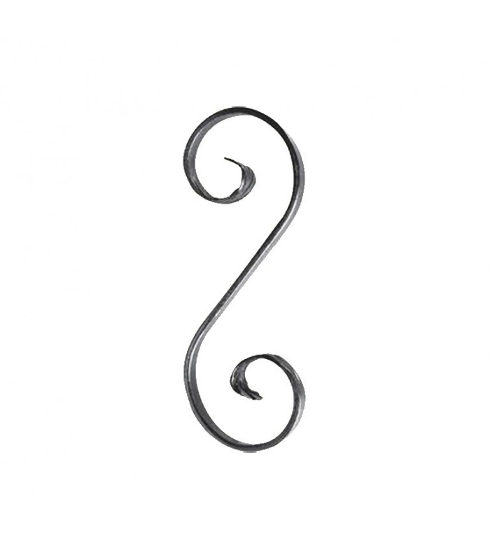 Volute en S 205x72mm en plat de 16x6mm symétrique extrémités forgées en chevrons