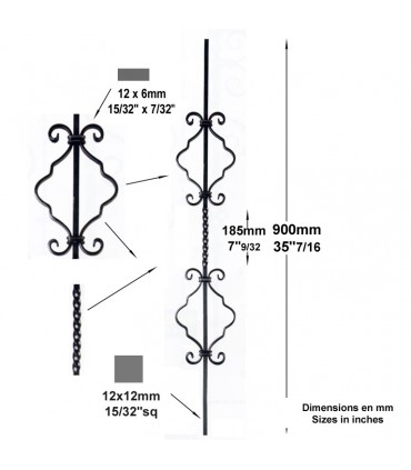 Balustres assemblés 900mm carré de 12x12mm 2 motifs pour garde-corps