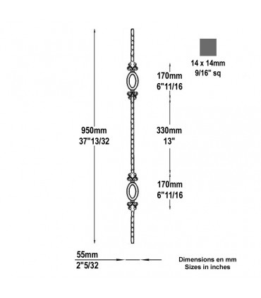 Balustres martelés 950mm carré de 14x14mm double motif art déco pour balustrades et escaliers
