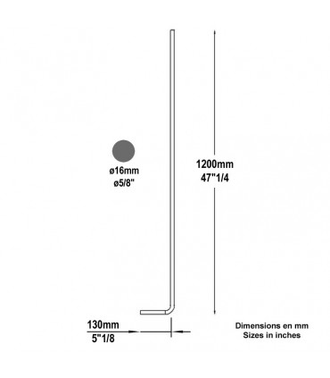 Balustre coudé H1200mm rond Ø16mm pour escaliers à l'anglaise sans rosace