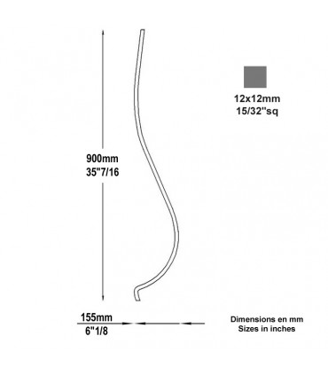Balustre avec galbe 900mm carré de 12x12mmpour escaliers et garde-corps