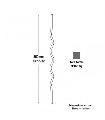 Balustre ondulé 850mm carré de 14x14mm pour grilles de défense et appuis de fenêtres