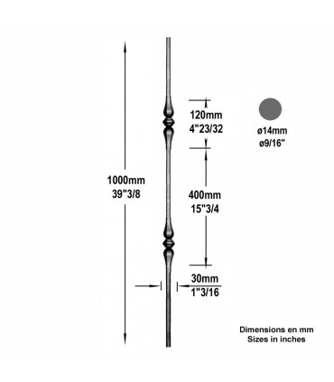 Balustre grenaillé 1000mm rond de ø14mm 2 motifs forgés pour escaliers