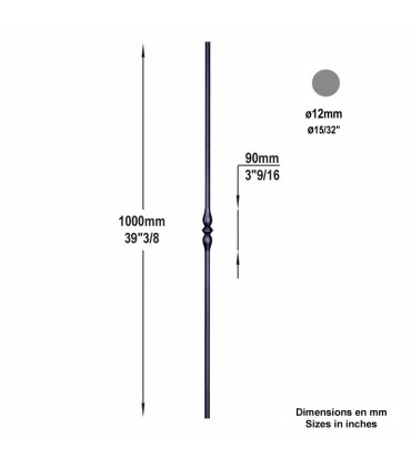 Balustre coudé forgé 1200mm rond de ø14mm motif central petit forgé grenaillé