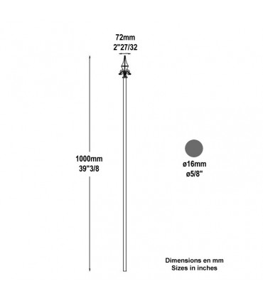 Barreaux élancés acier 1000mm rond ø16mm fleur de lys forgée