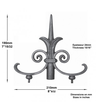 Ornement pointe de lance 190x210mm épaisseur 24mm pour clôtures et portails