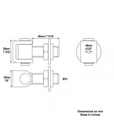 Gond charnière M14 réglable horizontal avec écrou rondelle à souder
