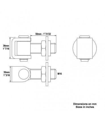 Gond charnière M16 réglable horizontal avec écrou rondelle à souder