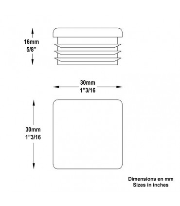 Bouchon nylon 30x30mm plein pour tube carré épaisseir entre 1 et 3 mm