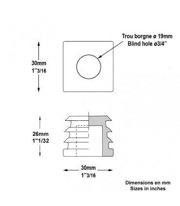 Bouchon nylon 30x30mm alésage borge ø19mm pour tube carré épaisseir entre 1 et 3 mm