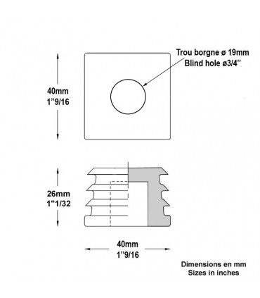Bouchon nylon 40X40mm alésage borgne ø19mm nylon blanc pour tube épaisseur 1à3mm