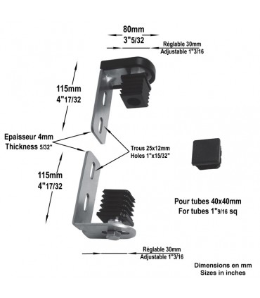 Ensemble gond-pivot tube 40x40mm avec nylon à glisser dans tube carré