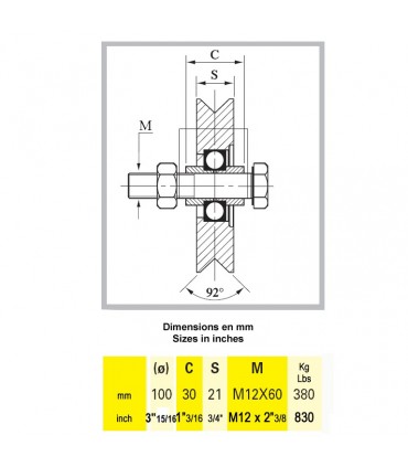 Roulette acier Ø100mm à gorge en V pour portails coulissants