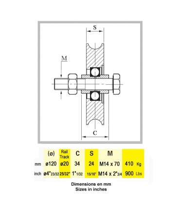 Roulette acier Ø120mm à gorge en U pour portails coulissants