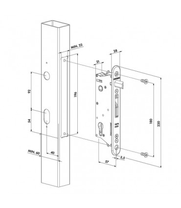 Serrure de sécurité anti-effraction INOX à larder pour tube de 60x60mm