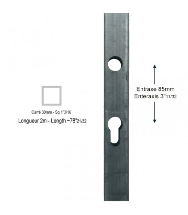 Tube pré-usiné 3 faces 30x30mm pour recevoir une serrure entraxe 85mm
