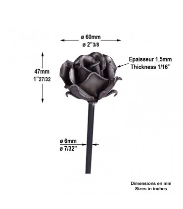 Rose ouverte 60x47mm épaisse montée sur tige acier