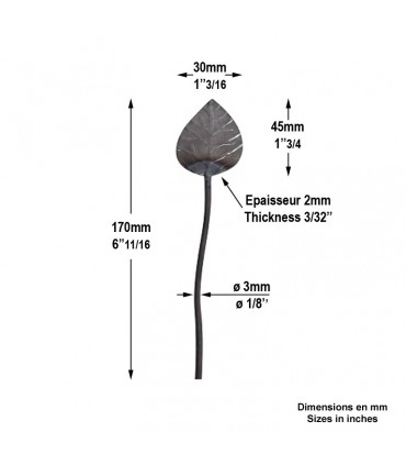 Feuille isolée 45x30mm acier forgé montée sur tige hauteur 170mm