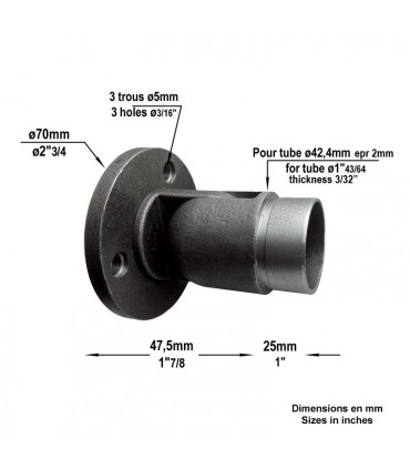 Connecteur mural réglable de main courante en acier pour tube ø42,4mm epr 2mm