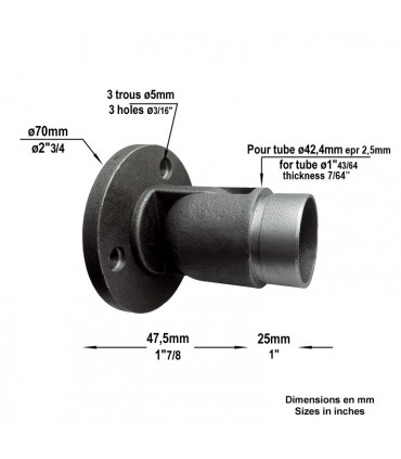Connecteur mural réglable de main courante en acier pour tube ø42,4mm epr 2,5mm