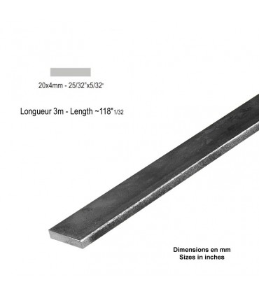 Barre profilée plate 20x4mm longueur 3m lisse en acier laminé brut