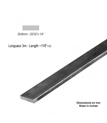 Barre profilée plate 20x6mm longueur 3m lisse en acier laminé brut