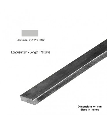 Barre profilée plate 20x8mm longueur 2m lisse en acier laminé brut