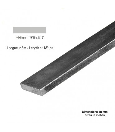 Barre profilée plate 40x8mm longueur 3m lisse en acier laminé brut