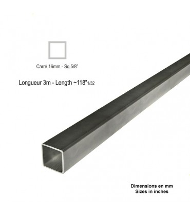 Barre profilée tube 16x16mm longueur 3m carré lisse acier laminé brut