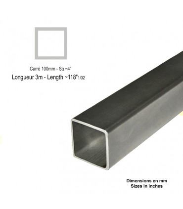 Barre profilée tube 100x100mm longueur 3m carré lisse acier laminé brut