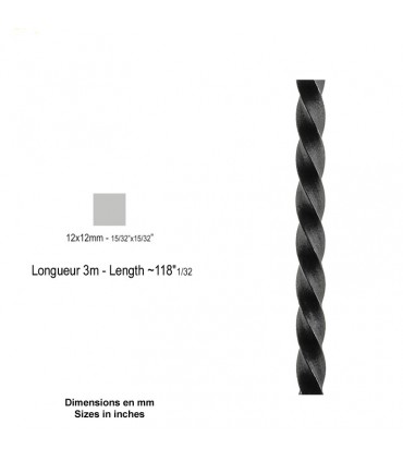 Barre profilée carré 12x12mm longueur 3 m carré torsadé brut