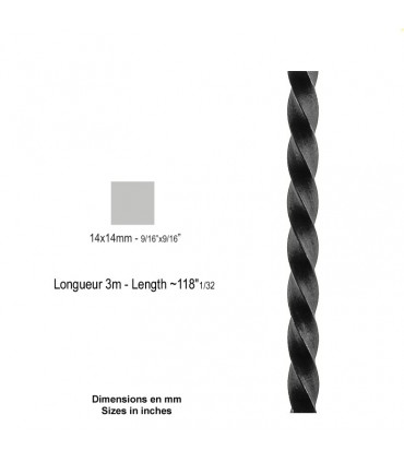 Barre profilée carré 14x14mm longueur 3 m carré torsadé brut