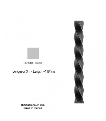 Barre profilée carré 16x16mm longueur 3 m carré torsadé brut