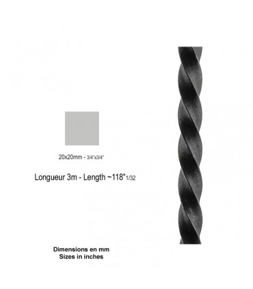 Barre profilée carré 20x20mm longueur 3 m carré torsadé brut