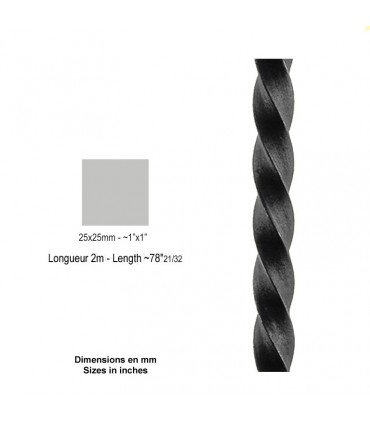 Barre profilée carré 25x25mm longueur 3 m carré torsadé brut