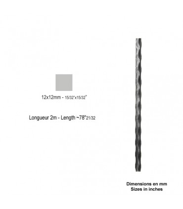 Barre profilée carrée 12x12mm longueur 2m martelée 4 faces acier brut