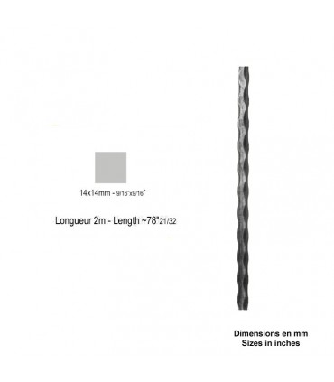 Barre profilée carrée 14x14mm longueur 3m martelée 4 faces acier brut