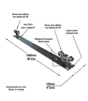 Système 2 chariots de guidage rail de 72x72mm pour portails autoportant 4.5m