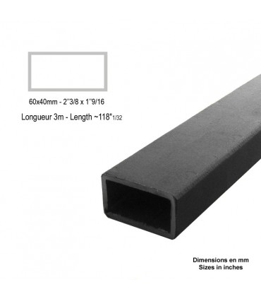 Barre profilée tube 60x40mm longueur 3m rectangulaire lisse acier brut