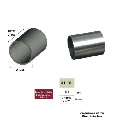Connecteur union droit Ø42,4mm INOX316 pour rampes en bois