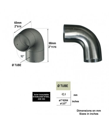Connecteur coude 90° Ø42,4mm INOX304 pour rampes en bois