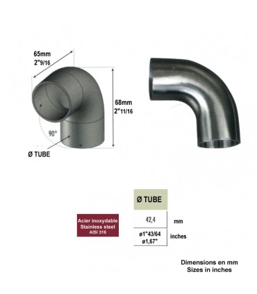 Connecteur coudé 90° droit Ø42,4mm INOX316 pour rampes en bois